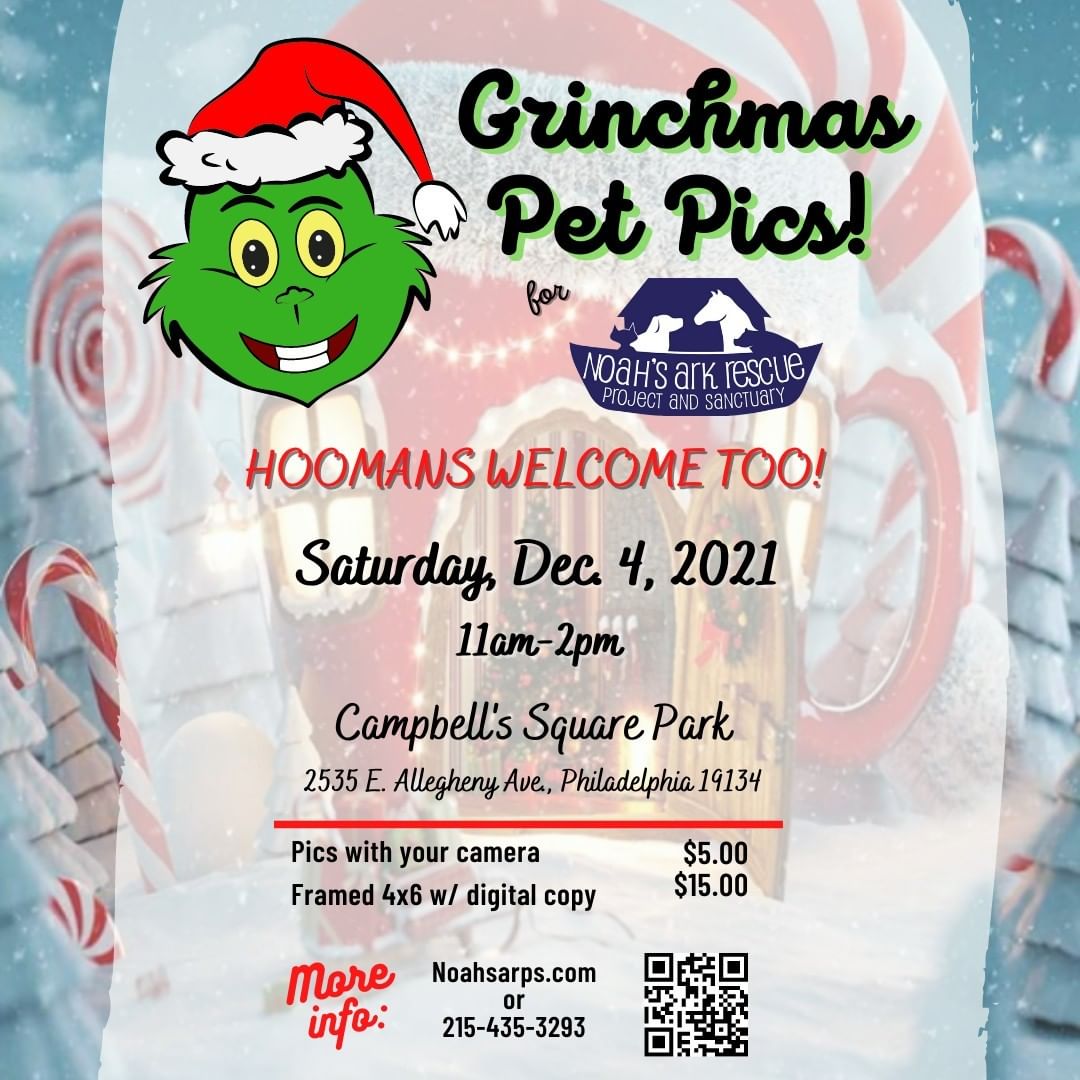 🚨 Announcing NARPS Grinchmas Pet Pics! 🎄
Bring your pets & your hoomans too! 📷🐾🐶🐱

December 4, 2021  11am-2pm
Campbell's Square Park in Philadelphia

Additional info: 
https://fb.me/e/12lQWggQD