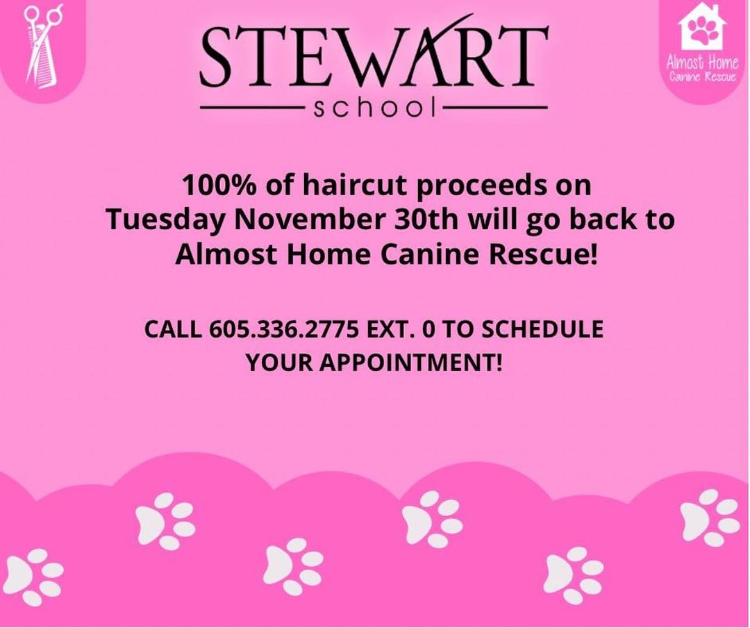 We are so excited to partner with Stewart School on Day of Giving for the 3rd year!

Get your family “Christmas card” ready with a fresh haircut! All day on Tuesday, November 30th, Stewart School will be donating 100% of haircut proceeds back to Almost Home Canine Rescue! 

Call to schedule your appointment now, 605-336-2775 !!
