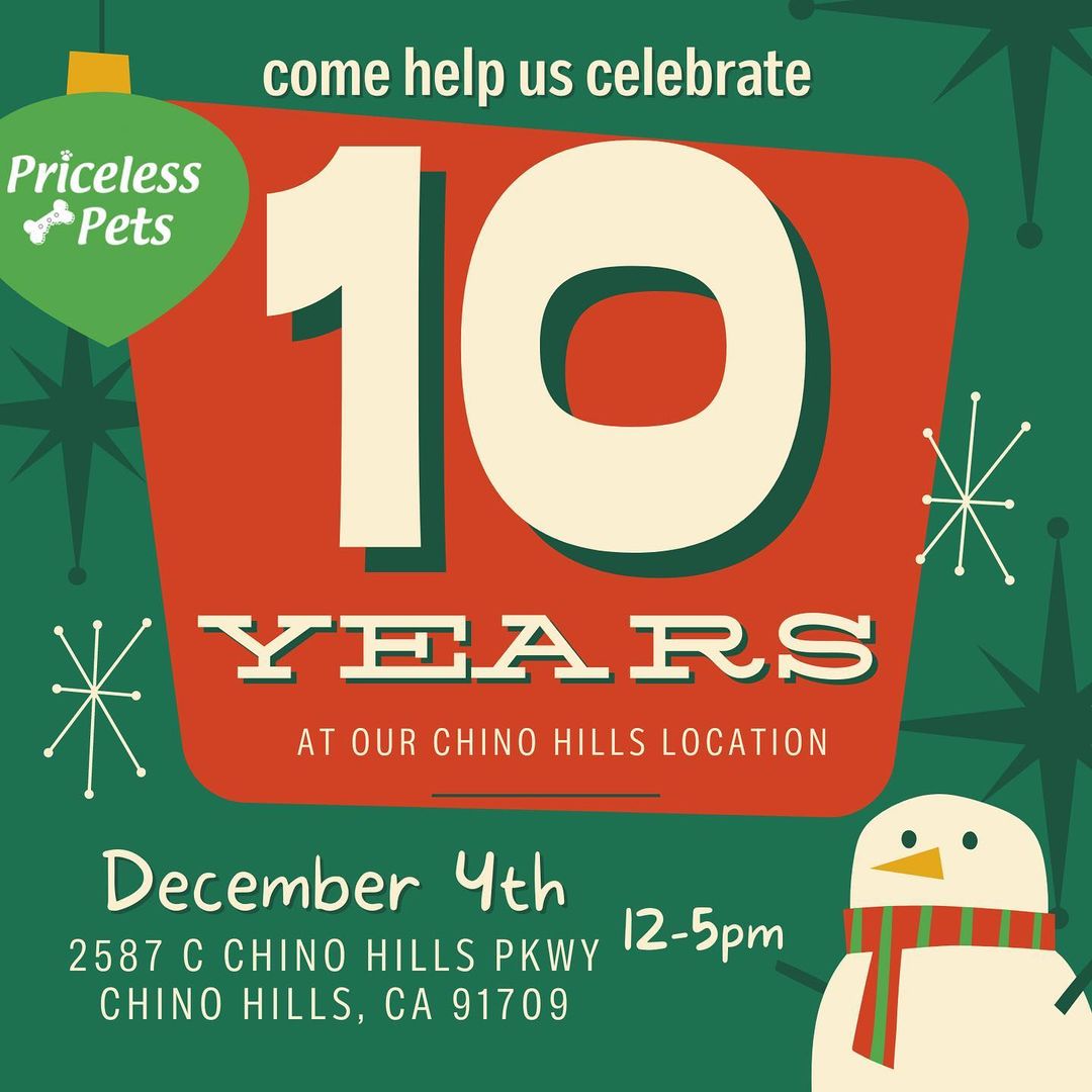 Did you know we have been at our Chino Hills location for 10 years this year? That means 10 years of life saving, puppy adoptions, senior dogs and cats, growing to rescuing rabbits, so many new faces joining our team, and unlimited amounts of GROWTH! We are so thankful for all of you who have made this possible. It warms our hearts to know that it has been a decade of life saving in Chino Hills, and so many pets have found their forever homes because of you! Have you adopted from Chino Hills? Come join us as we celebrate all we have accomplished! 

✔️Donate: pricelesspetrescue.org/donate/
✔️Venmo: @pricelesspetrescue
✔️PayPal: priceless.pets@yahoo.com
✔️Wishlist: shorturl.at/tBCKS
____________________________________________________
<a target='_blank' href='https://www.instagram.com/explore/tags/pricelesspetrescue/'>#pricelesspetrescue</a> <a target='_blank' href='https://www.instagram.com/explore/tags/pricelesspets/'>#pricelesspets</a> <a target='_blank' href='https://www.instagram.com/explore/tags/adopt/'>#adopt</a> <a target='_blank' href='https://www.instagram.com/explore/tags/rescue/'>#rescue</a> <a target='_blank' href='https://www.instagram.com/explore/tags/costamesa/'>#costamesa</a> <a target='_blank' href='https://www.instagram.com/explore/tags/claremont/'>#claremont</a> <a target='_blank' href='https://www.instagram.com/explore/tags/chinohills/'>#chinohills</a> <a target='_blank' href='https://www.instagram.com/explore/tags/inlandempire/'>#inlandempire</a> <a target='_blank' href='https://www.instagram.com/explore/tags/orangecounty/'>#orangecounty</a> <a target='_blank' href='https://www.instagram.com/explore/tags/lacounty/'>#lacounty</a> <a target='_blank' href='https://www.instagram.com/explore/tags/dogsrock/'>#dogsrock</a> <a target='_blank' href='https://www.instagram.com/explore/tags/dogsinneed/'>#dogsinneed</a> <a target='_blank' href='https://www.instagram.com/explore/tags/adoptme/'>#adoptme</a> <a target='_blank' href='https://www.instagram.com/explore/tags/petsofinstagram/'>#petsofinstagram</a> <a target='_blank' href='https://www.instagram.com/explore/tags/dogsofinstagram/'>#dogsofinstagram</a> <a target='_blank' href='https://www.instagram.com/explore/tags/dogstagram/'>#dogstagram</a> <a target='_blank' href='https://www.instagram.com/explore/tags/catsofinstagram/'>#catsofinstagram</a> <a target='_blank' href='https://www.instagram.com/explore/tags/catsinneed/'>#catsinneed</a> <a target='_blank' href='https://www.instagram.com/explore/tags/catsrock/'>#catsrock</a> <a target='_blank' href='https://www.instagram.com/explore/tags/catstagram/'>#catstagram</a> <a target='_blank' href='https://www.instagram.com/explore/tags/rabbitstagram/'>#rabbitstagram</a> <a target='_blank' href='https://www.instagram.com/explore/tags/rabbitsofinstagram/'>#rabbitsofinstagram</a> <a target='_blank' href='https://www.instagram.com/explore/tags/rabbitsofig/'>#rabbitsofig</a> <a target='_blank' href='https://www.instagram.com/explore/tags/rescuebunnies/'>#rescuebunnies</a> <a target='_blank' href='https://www.instagram.com/explore/tags/savingbunbybun/'>#savingbunbybun</a> <a target='_blank' href='https://www.instagram.com/explore/tags/savingonebyone/'>#savingonebyone</a> <a target='_blank' href='https://www.instagram.com/explore/tags/untiltherearenone/'>#untiltherearenone</a> <a target='_blank' href='https://www.instagram.com/explore/tags/petrescue/'>#petrescue</a> <a target='_blank' href='https://www.instagram.com/explore/tags/nokillshelter/'>#nokillshelter</a> <a target='_blank' href='https://www.instagram.com/explore/tags/nonprofit/'>#nonprofit</a>