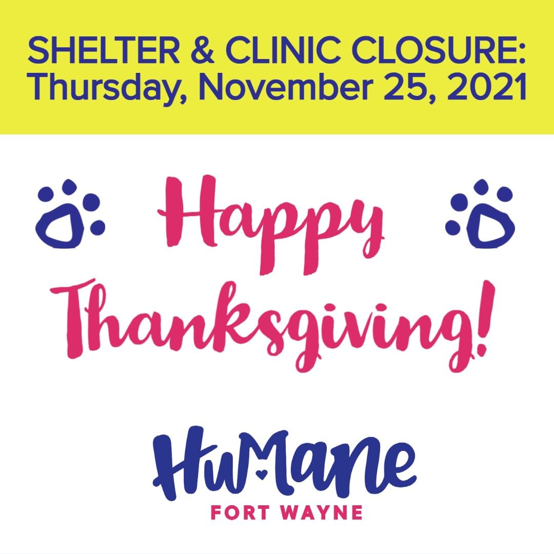 🐾 SHELTER & CLINIC CLOSURE 🐾 The Humane Fort Wayne Shelter & Clinic will be closed Thursday, November 25, 2021 for Thanksgiving!

‼ There will be NO Community Cat Walk-ins 11.24.21 - 11.26.21! ‼

The shelter will reopen on Friday, November 26, 2021 at 11am and the clinic will reopen on Monday, November 29, 2021 at 8am.