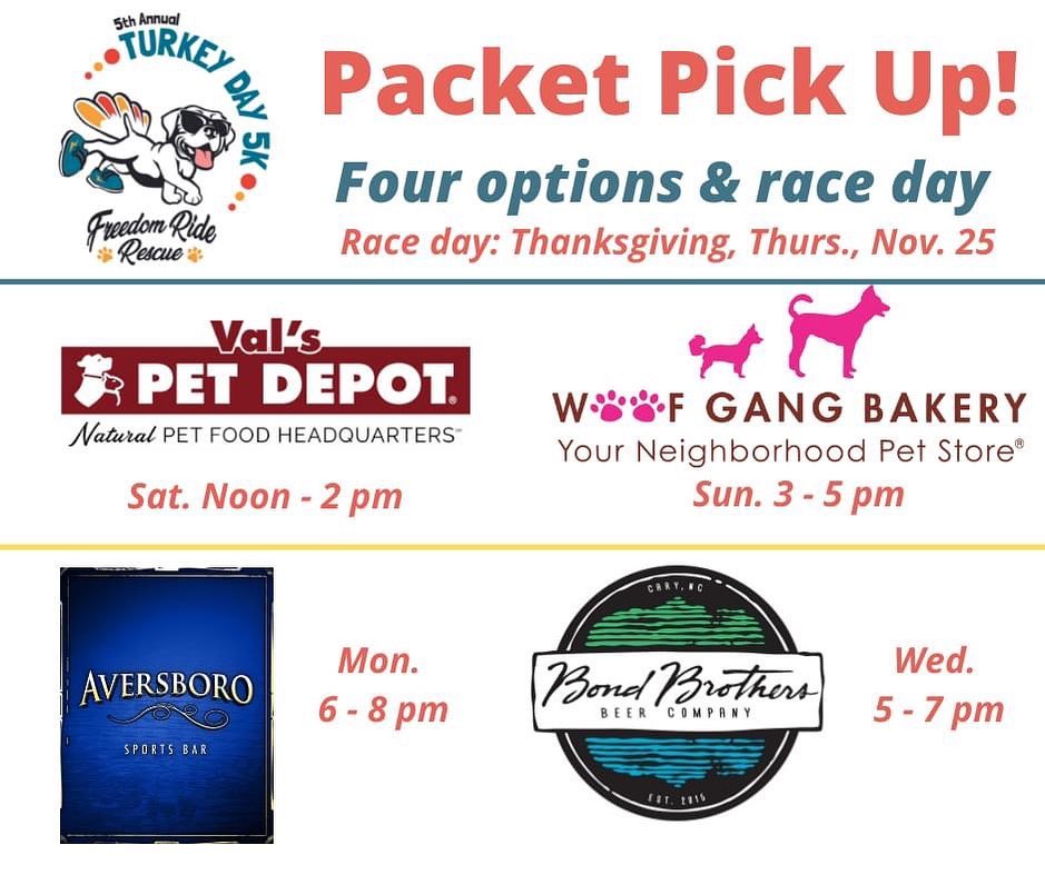 TWO more days until our Turkey Day 5k! Have you registered yet? Get your bibs and shirt before race day at one of our sponsor locations!! OR packet pick up starts at 7 am Thanksgiving Day at Lake Benson.

(First 500 participants signed up get runners' bags and shirts; 100 additional shirts available while supplies/sizes last)