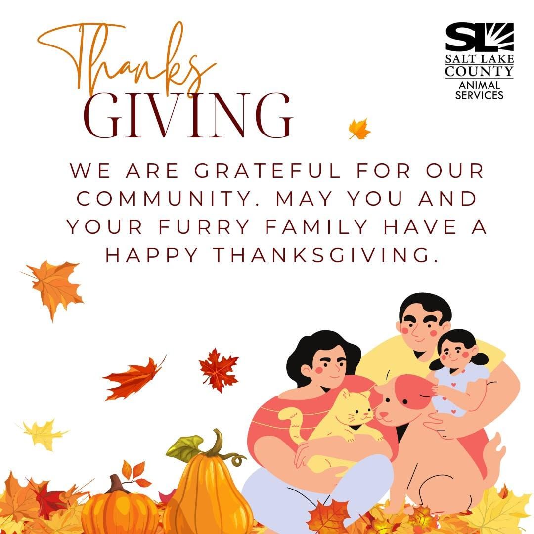 We give thanks to our community. May you have a comfy, cozy day. 

Salt Lake County Animal Services is closed Nov 25-26 for the thanksgiving holiday. If you have an animal emergency, please call Dispatch 801-840-4000. 

<a target='_blank' href='https://www.instagram.com/explore/tags/thanksgiving/'>#thanksgiving</a> <a target='_blank' href='https://www.instagram.com/explore/tags/Thanksgiving/'>#Thanksgiving</a> <a target='_blank' href='https://www.instagram.com/explore/tags/thanksgiving2021/'>#thanksgiving2021</a> <a target='_blank' href='https://www.instagram.com/explore/tags/adoptutahpets/'>#adoptutahpets</a> <a target='_blank' href='https://www.instagram.com/explore/tags/givethanks/'>#givethanks</a> <a target='_blank' href='https://www.instagram.com/explore/tags/slco/'>#slco</a> <a target='_blank' href='https://www.instagram.com/explore/tags/utah/'>#utah</a> <a target='_blank' href='https://www.instagram.com/explore/tags/furryfamily/'>#furryfamily</a>
