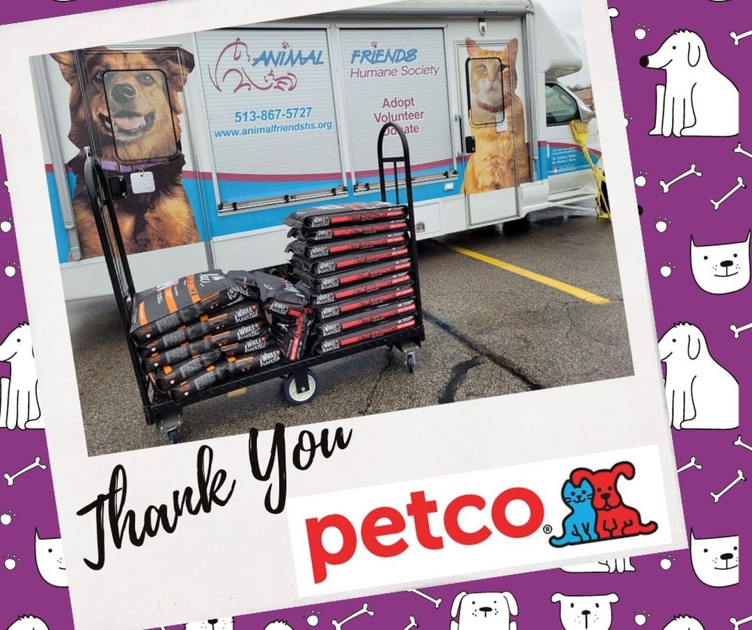 🙌🐱Thankful Thursday🐶🙌 
Thank you so much to Petco Mason for their generous donation of dog food during our PetMobile event last Saturday! Donations like this allow us to keep our Pet Food Pantry up and running and make sure that low-income families or those going through hardship are still able to care for their pets! We hope this Thanksgiving that both you and your furry family members have a delicious meal!

For more ways to help AFHS check out our pages on how to: 
Adopt— https://www.animalfriendshs.org/adopt/ 
Foster— https://www.animalfriendshs.org/ways-to-help/foster/ 
Volunteer— https://www.animalfriendshs.org/ways-to-help/volunteer/ 
Or Donate— https://www.animalfriendshs.org/ways-to-help/donate/