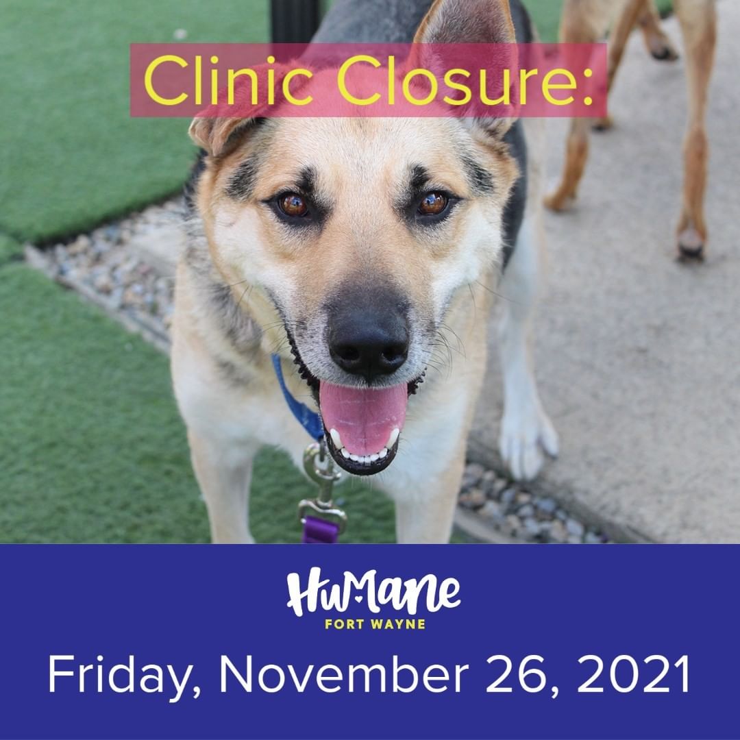🐾CLINIC CLOSURE🐾 The Humane Fort Wayne Clinic will be closed TODAY Friday, November 26, 2021.

The clinic will reopen on Monday, November 29, 2021 for our regular business hours.