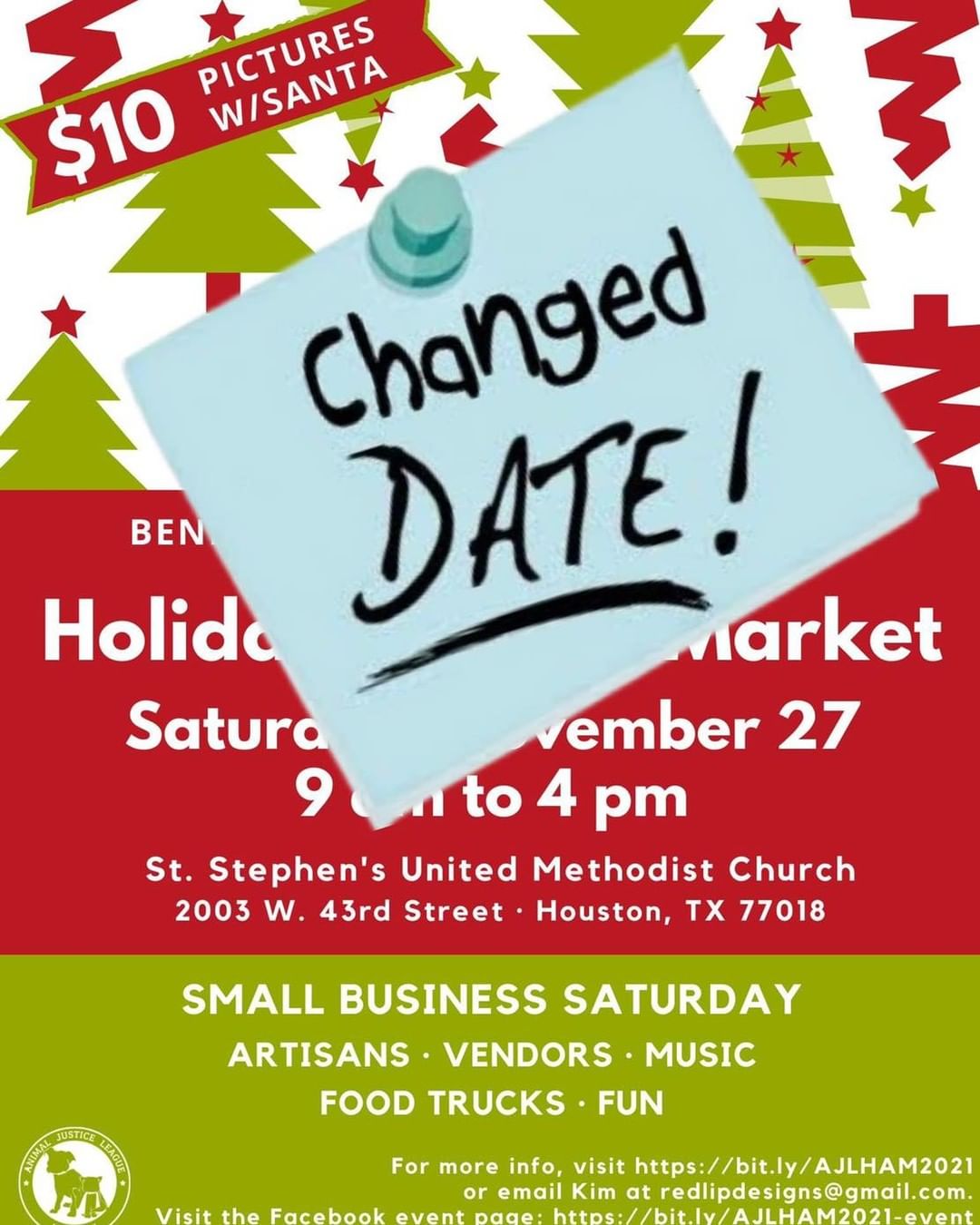 ‼️Date Change‼️

The weather outside truly looks frightful tomorrow, so we’re postponing our Holiday Artisan Market for 2 weeks. Just in time for you to recover from <a target='_blank' href='https://www.instagram.com/explore/tags/BlackFriday/'>#BlackFriday</a> shopping. 😜

See you December 11! 
<a target='_blank' href='https://www.instagram.com/explore/tags/smallbusinesssaturday/'>#smallbusinesssaturday</a> <a target='_blank' href='https://www.instagram.com/explore/tags/fundraiser/'>#fundraiser</a> <a target='_blank' href='https://www.instagram.com/explore/tags/savethedate/'>#savethedate</a> <a target='_blank' href='https://www.instagram.com/explore/tags/headsup/'>#headsup</a> <a target='_blank' href='https://www.instagram.com/explore/tags/rainraingoaway/'>#rainraingoaway</a>