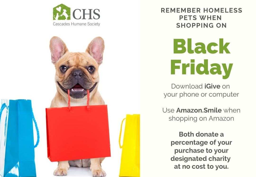 Help non-profits like Cascades Humane Society while you shop! Add the igive button to your computer or phone, or shop through Amazon.smile - they will give a percentage of your purchase to a charity of your choice (at no cost to you)!

Top Wish List Items:
Non-clumping cat litter
Dog & cat food
Dog & cat treats
Dog & cat toys
Heavy duty leashes
Dish and laundry soap
Paper towel and trash bags