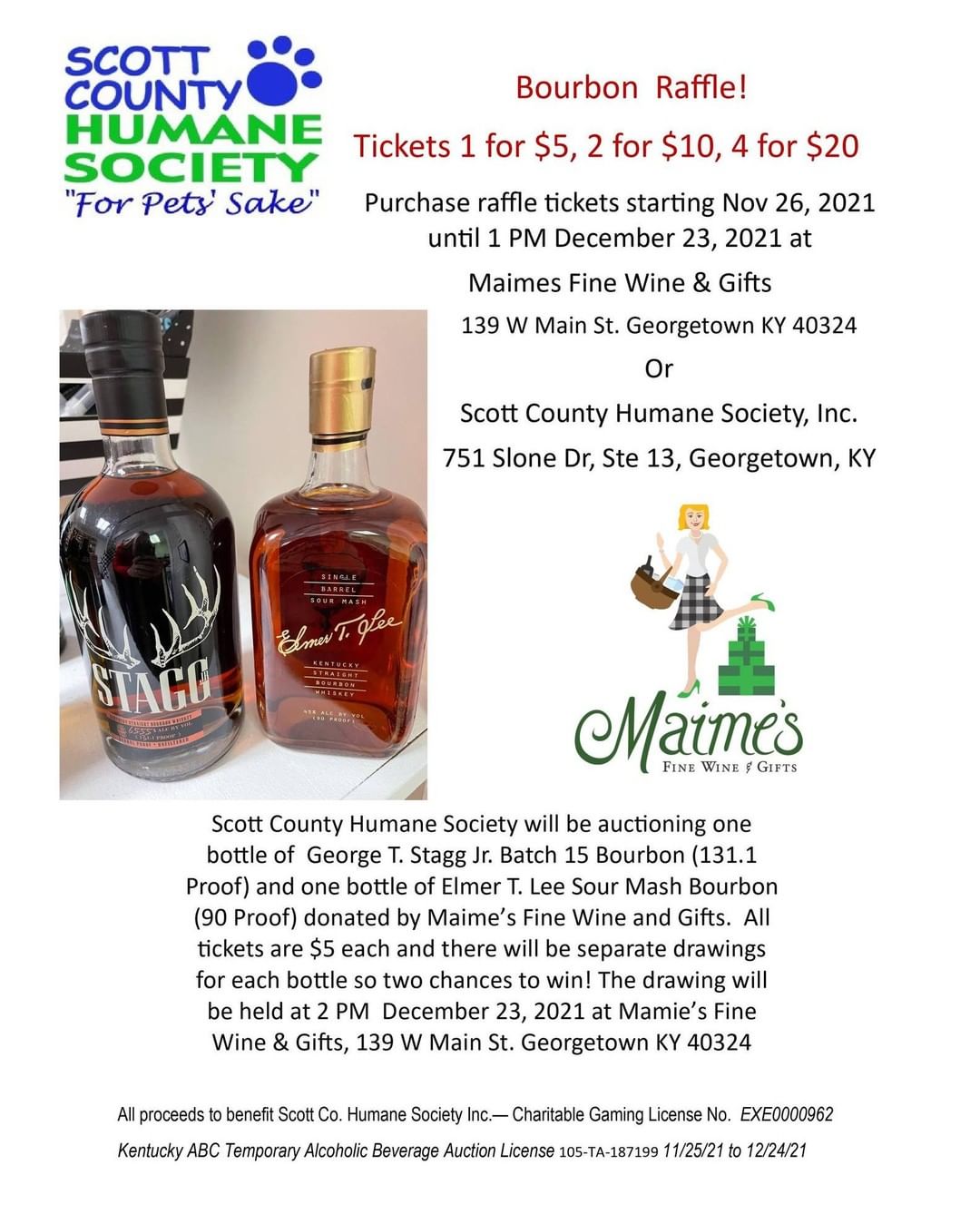 Looking for a Christmas present for someone or even for yourself? Look no further!! Scott County Humane Society is auctioning off 2 bottles of bourbon! One bottle of George T. Stagg Jr. Batch 15 bourbon (131.1 Proof) and one bottle of Elmer T. Lee Sour Mash Bourbon (90 Proof) donated by Maime's Fine Wine and Gifts.  Tickets are only $5 each and can be purchased at either our adoption center or Maime's downtown Georgetown. Tickets will be available starting on Friday!! <a target='_blank' href='https://www.instagram.com/explore/tags/bourbon/'>#bourbon</a>