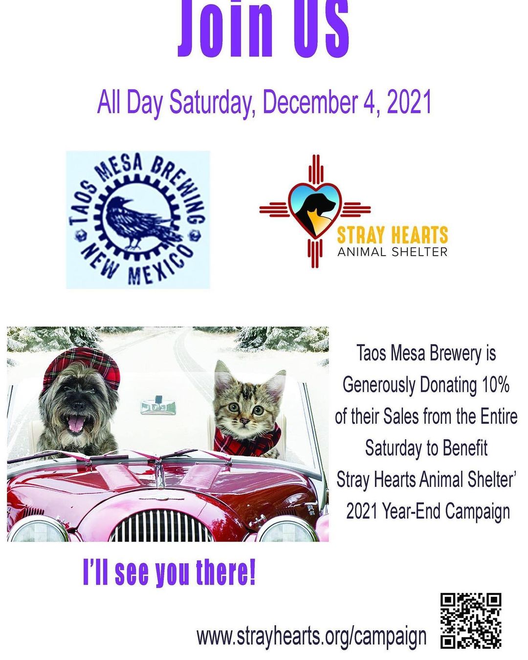 Thank you <a target='_blank' href='https://www.instagram.com/explore/tags/taosmesabrewing/'>#taosmesabrewing</a>  Join us at the Taproom on December 4th. 10% of the proceeds will go to Stray Hearts.