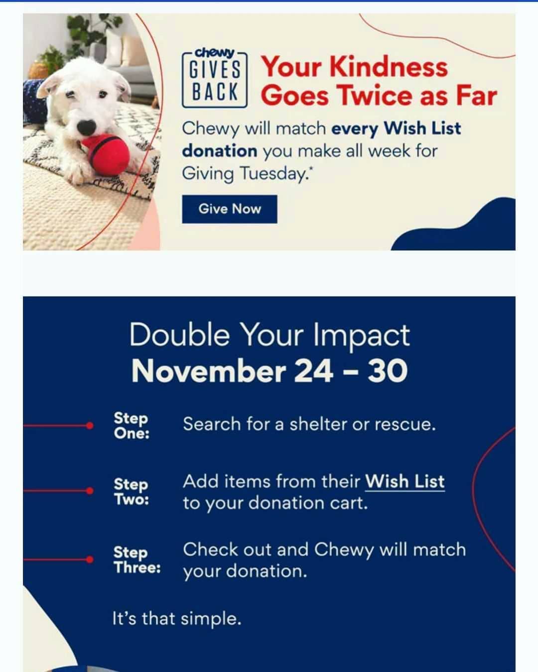 @chewy
Will match wishlist purchases until <a target='_blank' href='https://www.instagram.com/explore/tags/givingtuesday/'>#givingtuesday</a>!

❤ Our wishlist link is in our bio ❤

<a target='_blank' href='https://www.instagram.com/explore/tags/matchingdonations/'>#matchingdonations</a> <a target='_blank' href='https://www.instagram.com/explore/tags/chewygivesback/'>#chewygivesback</a> <a target='_blank' href='https://www.instagram.com/explore/tags/rescuecats/'>#rescuecats</a> <a target='_blank' href='https://www.instagram.com/explore/tags/supplies/'>#supplies</a> <a target='_blank' href='https://www.instagram.com/explore/tags/cattoys/'>#cattoys</a> <a target='_blank' href='https://www.instagram.com/explore/tags/donations/'>#donations</a>