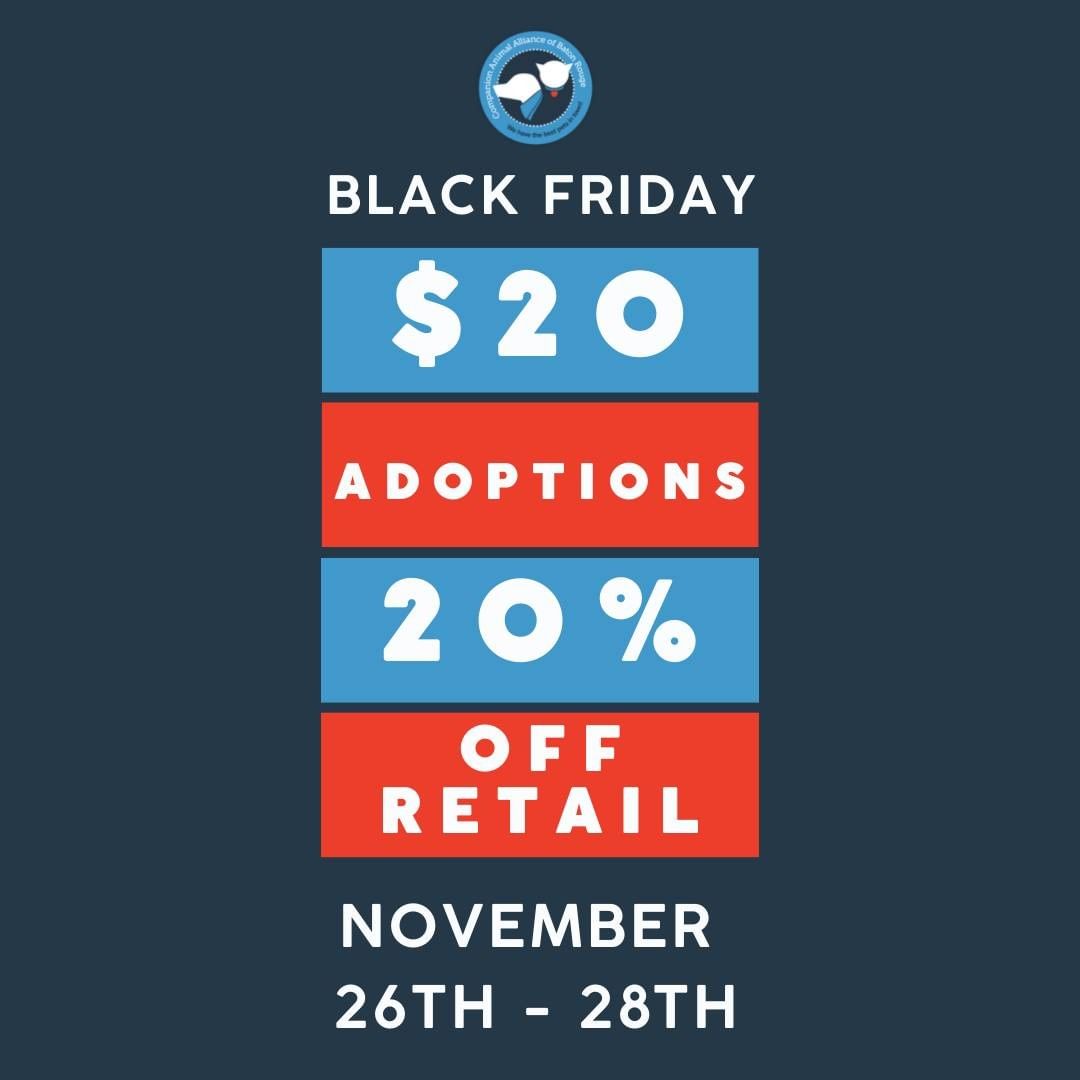 Happy Black Friday! We hope your bellies are full and you're ready to find your new BFF. Today through Sunday we're offering $20 adoptions and 20% off all retail items! <a target='_blank' href='https://www.instagram.com/explore/tags/caapets/'>#caapets</a> <a target='_blank' href='https://www.instagram.com/explore/tags/blackfriday/'>#blackfriday</a>