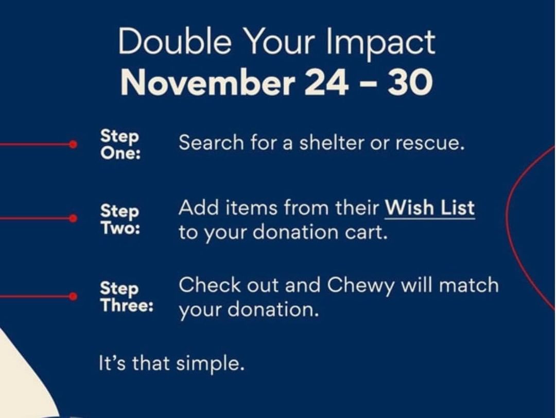 We need supplies and Chewy is giving back!

Chewy is celebrating Giving Tuesday for a full week by matching donations made to a shelter or rescue through their Wish List. Chewy will match up to $2 million of Wish List orders placed on Chewy.com starting November 24, 2021 through November 30, 2021 by donating products to non-profit animal organizations located in the United States.

All you you have to do is donate supplies via our Chewy wishlist here: (Link in Bio) https://www.chewy.com/g/runaways-animal-rescue_b77884742 and Chewy will double your donation! How cool is that!! 

The shelter pets could really use kitten, cat and dog food, litter, food bowls, cat trees, etc. Please consider purchasing from our wishlist and double your donation!

<a target='_blank' href='https://www.instagram.com/explore/tags/chewygivesback/'>#chewygivesback</a> <a target='_blank' href='https://www.instagram.com/explore/tags/givingtuesday/'>#givingtuesday</a> <a target='_blank' href='https://www.instagram.com/explore/tags/chewy/'>#chewy</a>