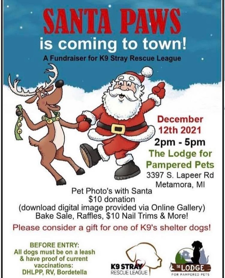 Come visit Santa Paws on Dec. 12th from 2-5pm 😊 Pictures, hot coco, cookies, and raffles available. Proceeds will go to support the dogs at K-9. 🐶 We will see you there!