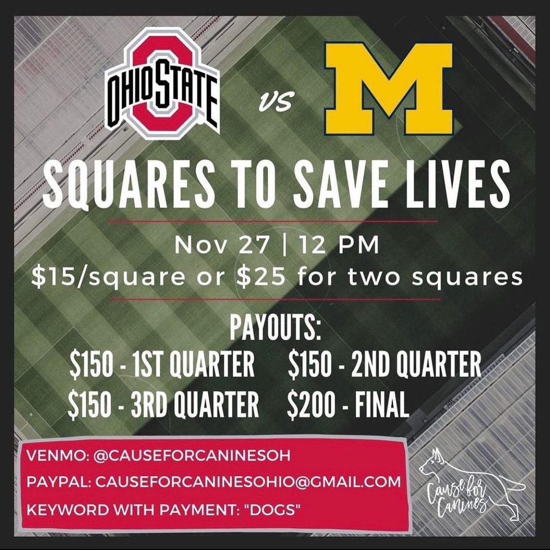 ⭐️ SOLD OUT ⭐️
♥️ We sold out 2 square boards for today’s game! Thank you for supporting Cause for Canines! Go Buckeyes ♥️

✨For everyone who purchased squares: square boards 1 & 2 are above ⬆️ ✨

🏈 How it works: Your square(s) will be picked at random once the board fills up (any squares not sold will be assigned to Cause for Canines). Once it is filled, it will then be posted on the Cause for Canines Facebook & Instagram pages before game time. The numbers (0-9) will be placed randomly across (OSU) and down (Xichigan). At the end of every quarter, the person whose square corresponds with the last digit of each team’s score wins a prize! (For example, a 14–7 score at the end of the first quarter pays out the owner of the square at row 4, column 7).

🏈 What you can win: Each square can win more than once. The first 3 quarters and the final score will have a winner. There are 100 squares per board. 
We will let you know if you win! Results will be emailed out after the game.