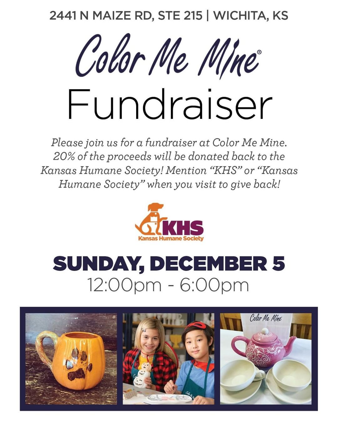 Get crafty and join us for a come-and-go fundraiser by @colormeminewichita and help the pets at KHS!
Stop by Color Me Mine (2441 N. Maize Rd. <a target='_blank' href='https://www.instagram.com/explore/tags/215/'>#215</a>) on Sunday, December 5, anytime from 1 PM - 6 PM, and show off your artistic ability!
You'll be able to decorate anything in their studio. They also have To-Go Kit options, so you can take home and put your pet's paw print directly on an item! Must mention 