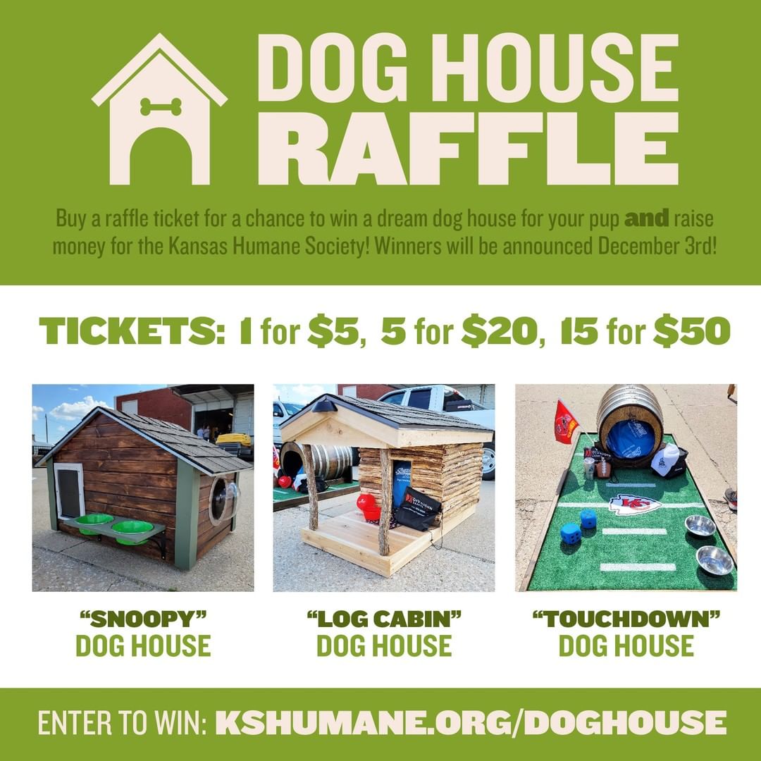 Raffle Ends Tomorrow! 
Enter NOW for your chance to win a one-of-a-kind dog house, just in time to spoil your pup for the howl-i-day season! 🥳
These custom-built dog houses are each unique and of high quality.
You can purchase raffle tickets in our KHS Store, or online.
Get your online raffle tickets and learn more about each dog house at the link in our bio: www.kshumane.org/doghouse

We're thankful to @ccswichita  for using their talent to create one-of-a-kind pieces to help the pets at KHS.
*All proceeds benefit the pets at KHS