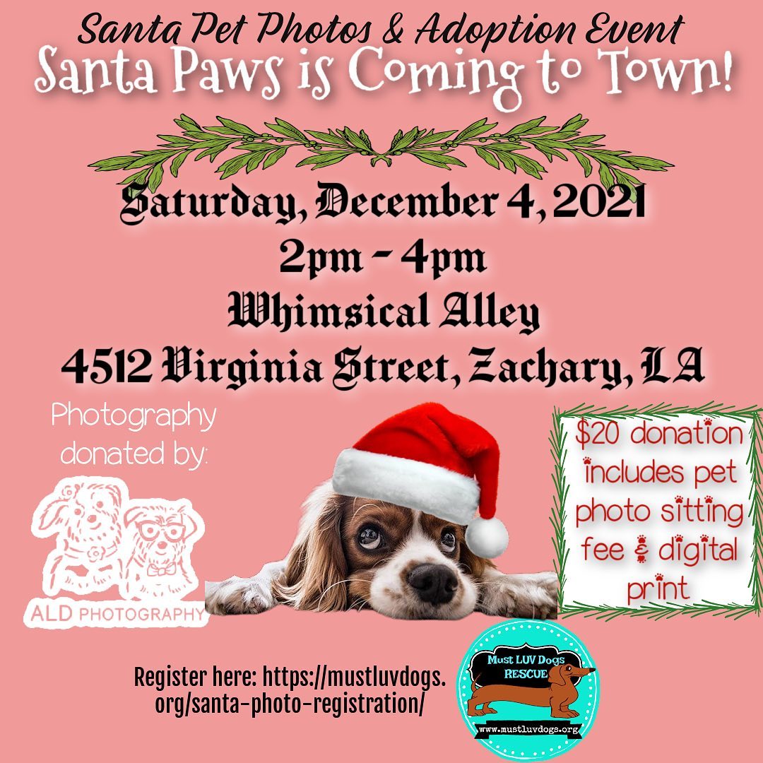 Don’t wait too long to preregister for Saturday’s Santa Paws photo event!  We have 2 hours and then Santa sent us a letter from the North Pole that he has a family wedding to go to so he has to leave promptly at 4pm or Mrs Claus will put him in the 🐶 house!  Lol.  So hurry and get your spot early!  Register here:  You can find my form 
