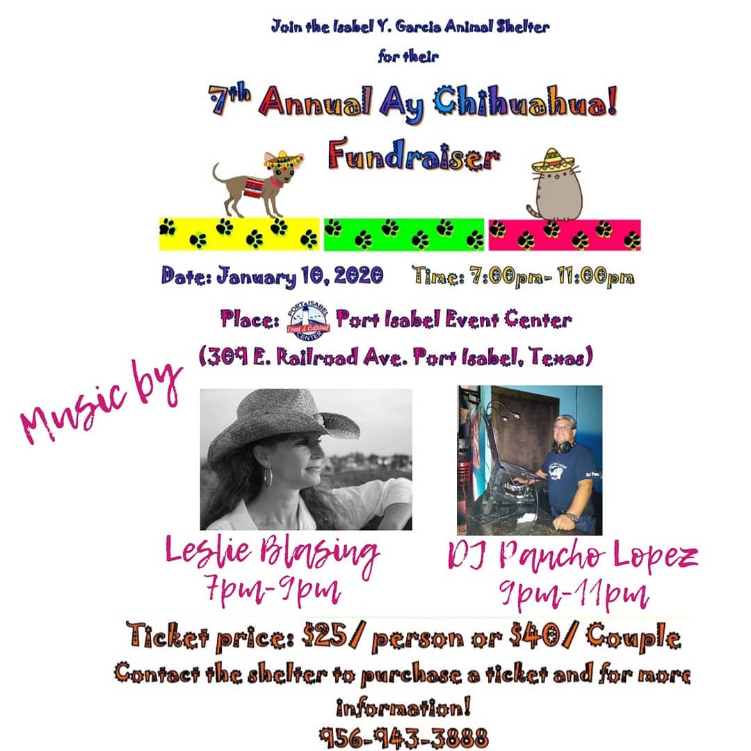 It's not too late to purchase your tickets for the 7th Annual Ay Chihuahua Fundraiser! The beautiful and talented Leslie Blasing will be gracing our stage from 7-9pm followed by our favorite DJ, Pancho Lopez! When you purchase a ticket you will be treated to a delicious mexican buffet and specialty margaritas, beer, and wine! This is definitely a fiesta you dont want to miss! Tickets are available for purchase at the shelter, Port Isabel City Hall, Port Isabel Event Center, Port Isabel Animal Clinic, and by clicking the shop now button at the top of our page! We hope you can make it! <a target='_blank' href='https://www.instagram.com/explore/tags/fundraiser/'>#fundraiser</a> <a target='_blank' href='https://www.instagram.com/explore/tags/aychihuahua/'>#aychihuahua</a> <a target='_blank' href='https://www.instagram.com/explore/tags/donate/'>#donate</a> <a target='_blank' href='https://www.instagram.com/explore/tags/portisabeltx/'>#portisabeltx</a> <a target='_blank' href='https://www.instagram.com/explore/tags/portisabel/'>#portisabel</a> <a target='_blank' href='https://www.instagram.com/explore/tags/portisabeleventandculturalcenter/'>#portisabeleventandculturalcenter</a> <a target='_blank' href='https://www.instagram.com/explore/tags/portisabelevent/'>#portisabelevent</a> <a target='_blank' href='https://www.instagram.com/explore/tags/dogs/'>#dogs</a> <a target='_blank' href='https://www.instagram.com/explore/tags/cats/'>#cats</a> <a target='_blank' href='https://www.instagram.com/explore/tags/giveback/'>#giveback</a> <a target='_blank' href='https://www.instagram.com/explore/tags/fiesta/'>#fiesta</a> <a target='_blank' href='https://www.instagram.com/explore/tags/beer/'>#beer</a> <a target='_blank' href='https://www.instagram.com/explore/tags/wine/'>#wine</a> <a target='_blank' href='https://www.instagram.com/explore/tags/margarita/'>#margarita</a> <a target='_blank' href='https://www.instagram.com/explore/tags/goodtimes/'>#goodtimes</a> <a target='_blank' href='https://www.instagram.com/explore/tags/kveo/'>#kveo</a> <a target='_blank' href='https://www.instagram.com/explore/tags/kgbt/'>#kgbt</a> <a target='_blank' href='https://www.instagram.com/explore/tags/rgv/'>#rgv</a> <a target='_blank' href='https://www.instagram.com/explore/tags/krgv/'>#krgv</a>